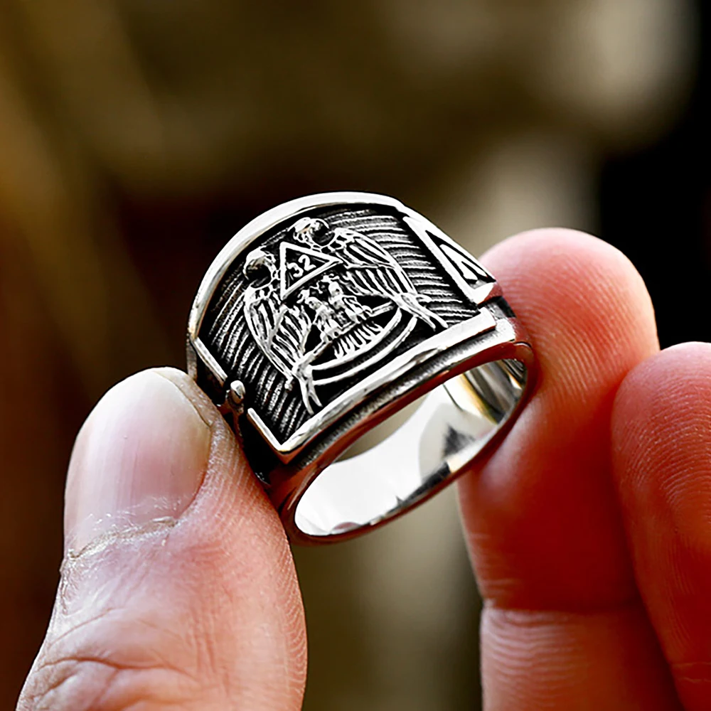 New Fashion Men's Vintage Masonic Symbol Rings Stainless Steel Punk Biker Double Eagles Animal Ring Party Jewelry Dropshipping image 5