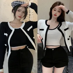 Women Korean Version Contrasting Knitted Loose Outerwear Cardigan Sweaters Crewneck Temperament Versatile Short CardiganTop