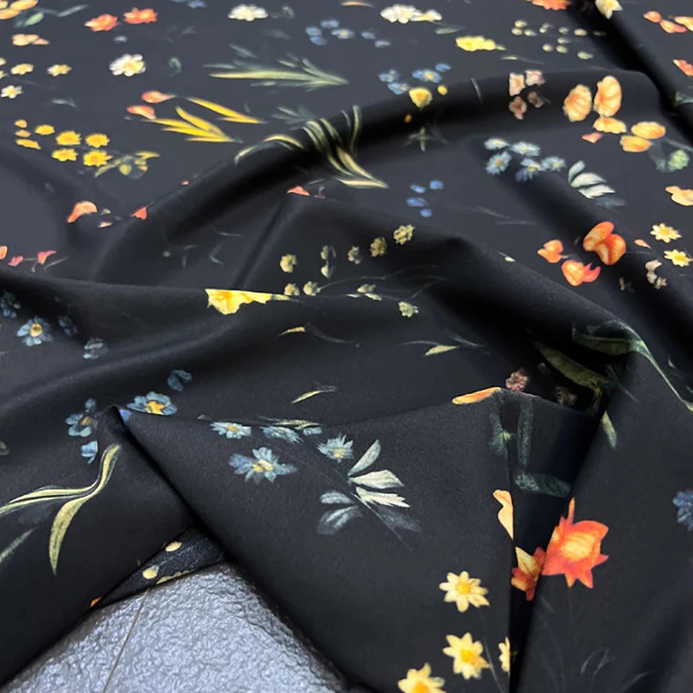 Printed Silk Stretch Crepe Fabric 18momme Width 140cm Mulberry Silk Lycra Cloth Summer Shirt and Dress Material Black