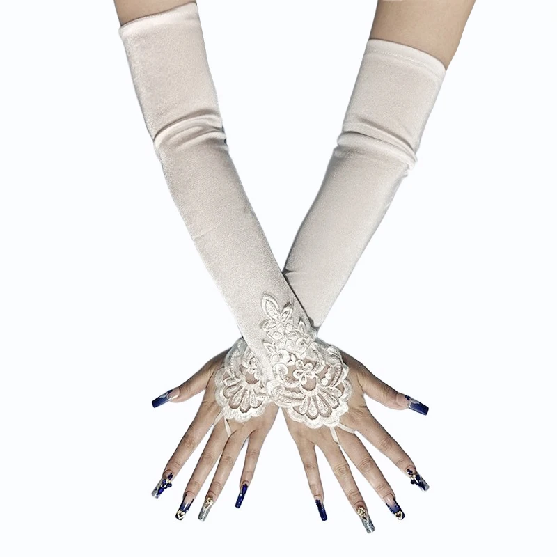 48 سنتيمتر طويلة الساتان مثير الدانتيل والتطريز هوك قفازات الاصبع الرجعية حزب النساء آداب محرك تأثيري عشاء الرقص القفازات #3