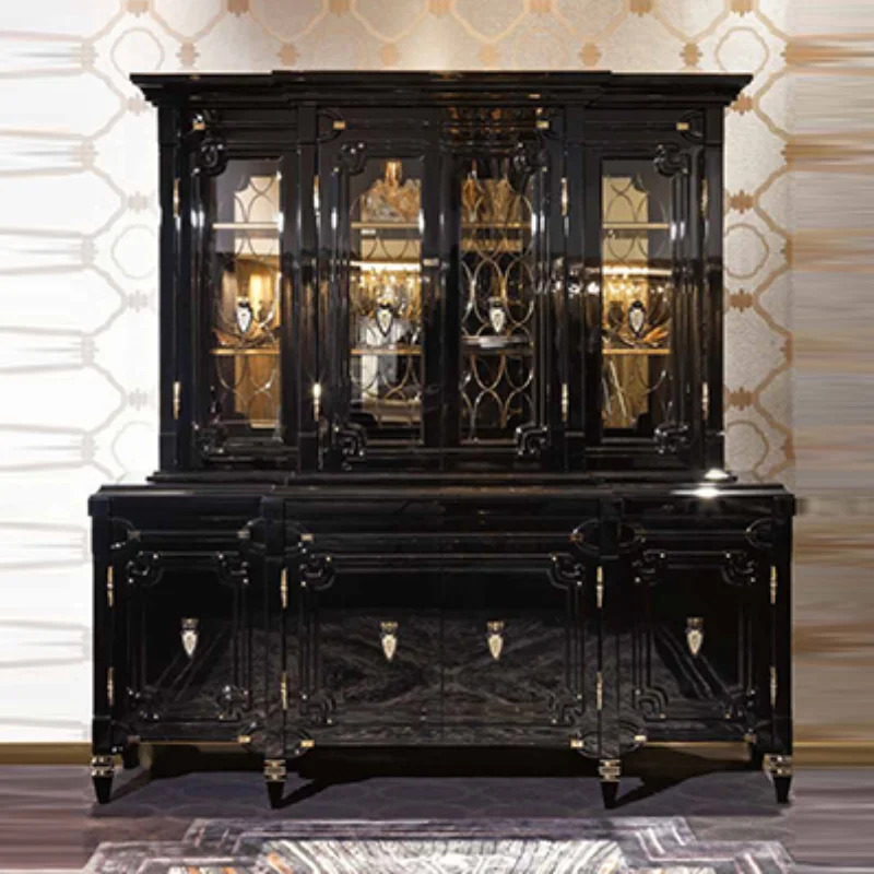 Neoclassical wine cabinet Solid wood opposite door storage cabinet Post-modern black paint locker