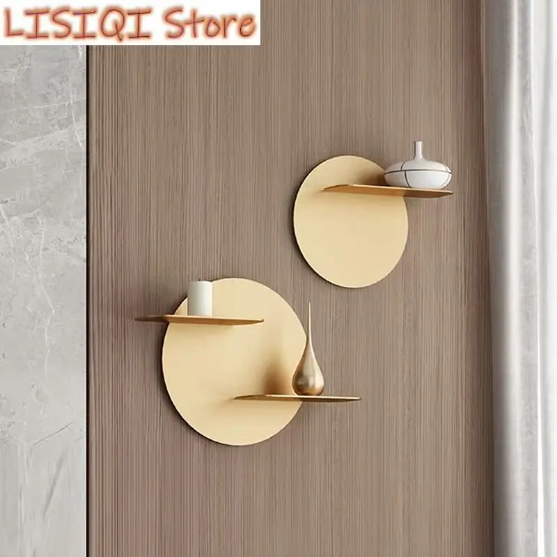 New Backdrop Wall Metal Shelving Golden Round Wall Storage Shelf Hang Hook Ornaments Mount Rack Decorative Shelves Storage Hooks