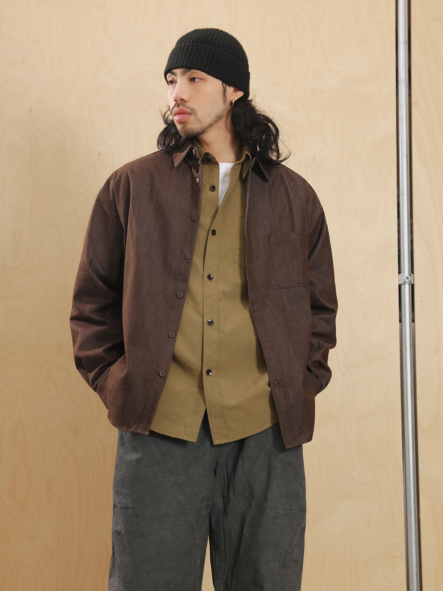 

NOEARS Spring y Retro Sle Coffee Color Long Sve Loose oulder Men's irt Casual Breathable Cotton Polyester Blend