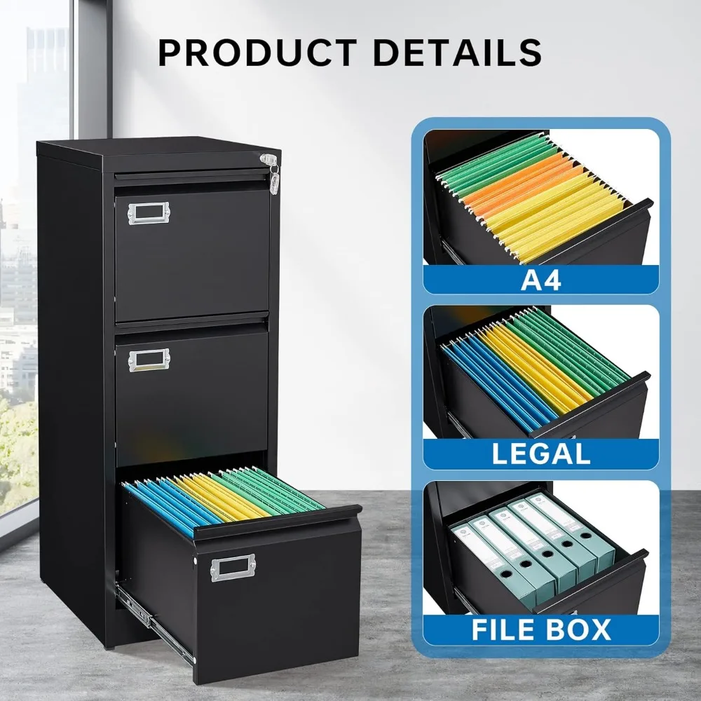 3 Drawer File Cabinet with Lock Metal Vertical File Cabinet Office Home Narrow File Cabinet for A4 Legal/Letter Size