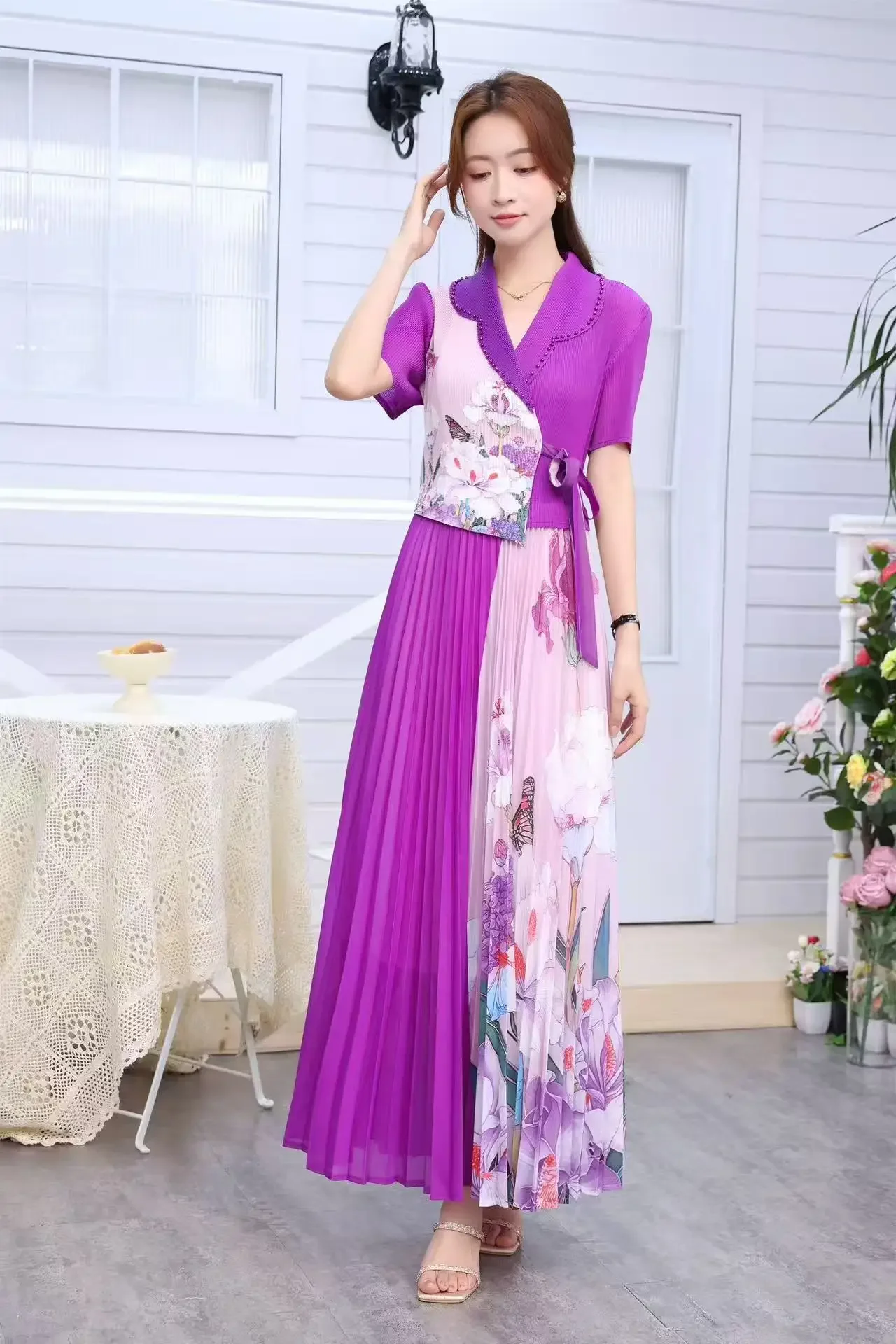 

QIAOXIN 2025 Fashion Pleated Women's Dress Fake Two Pieces Popular Women's Long Dress Summer New