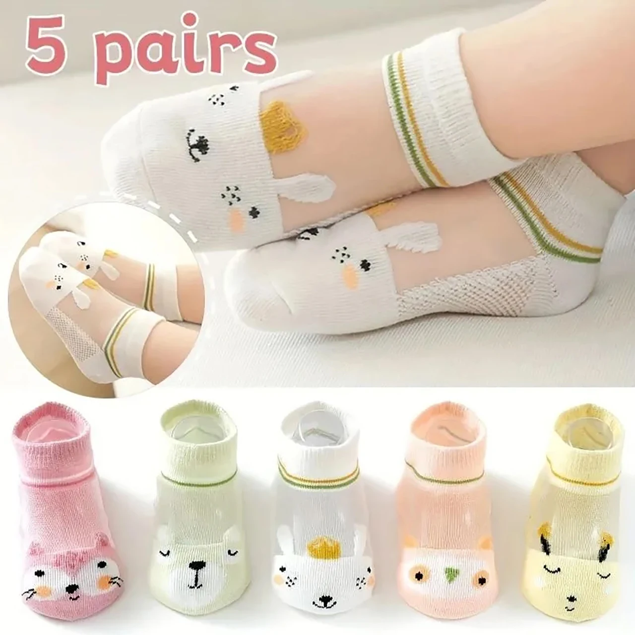 

5Pairs Children Summer Mesh Socks Girls Boys Thin Breathable Short Socks 0-5Year Kids Footwear Cute Cartoon Baby Cotton Sock