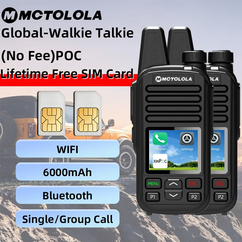 2PCS MOTOLOLA 4G SIM Card Lifetime Free POC Walkie Talkie WiFi Bluetooth Type-C Charging Communication 5000KM Two Way Radio