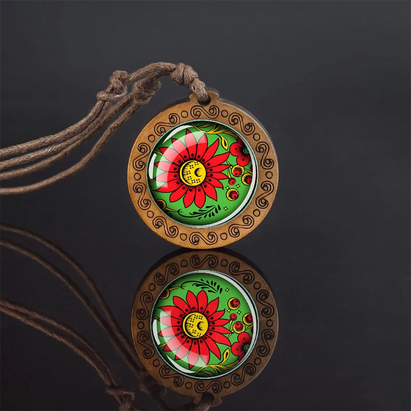 1PC Blooming Flower Pattern Painting Flower Field Time Gemstone Series Glass Cabochon Pendant Vintage Wooden Jewelry Necklace