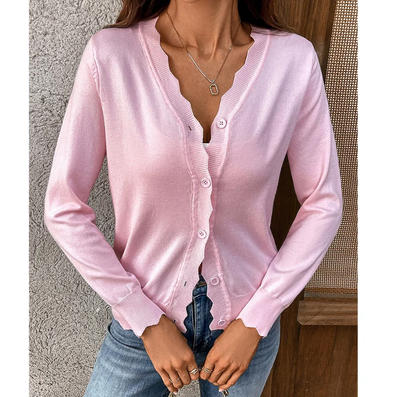 

Autumn New V-neck Long-sleeved Knitted Cardigan Solid Color Ice Silk Jacket for Women