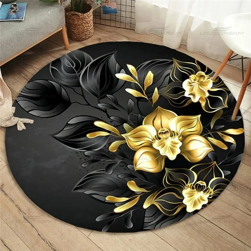 Gold Rose Pattern Round Carpet Black-Gold Three-Tone Main Palette Romantic Floral Atmosphere Elegant & Luxurious, Indoor Doormat