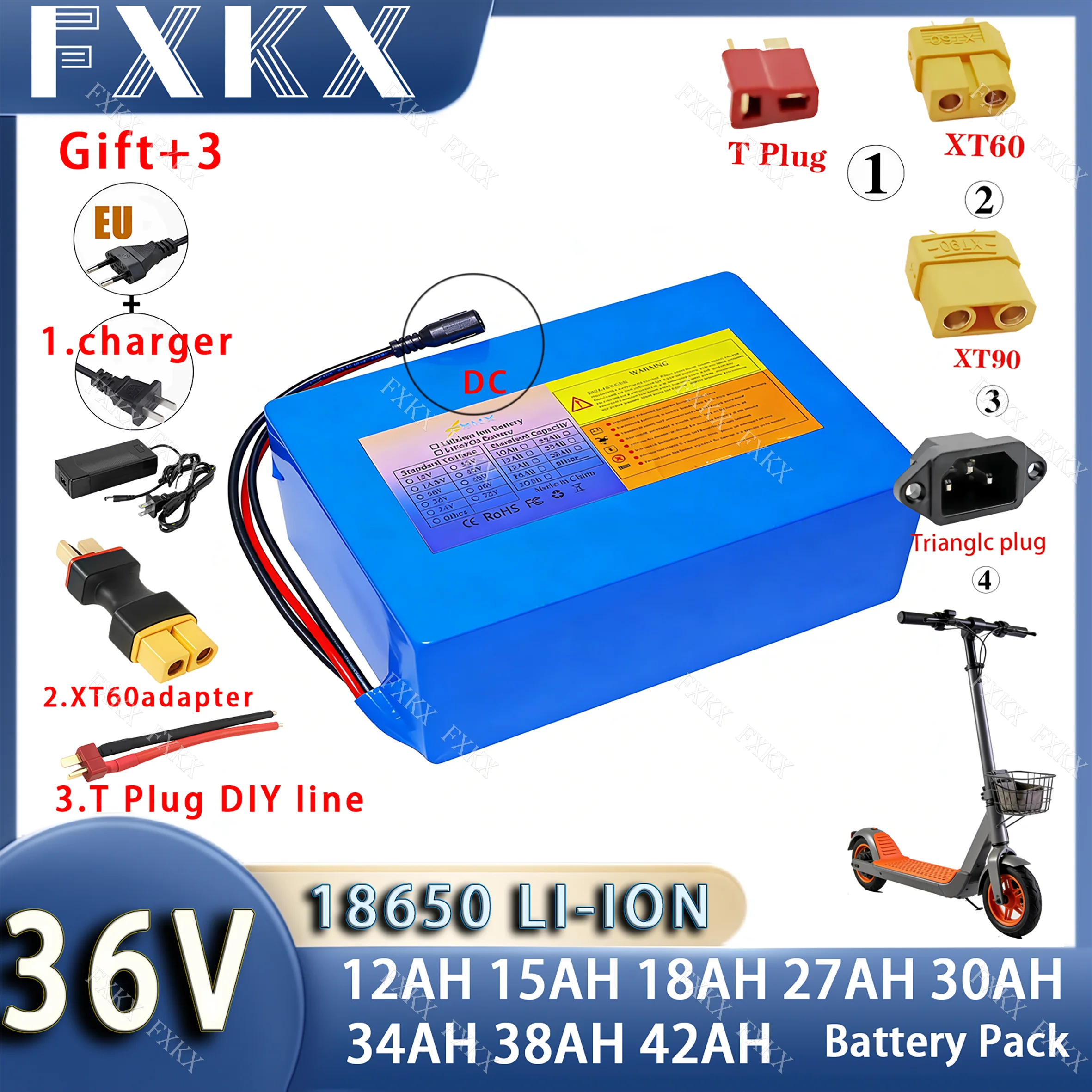 

Литиевая аккумуляторная батарея 36В 12Ач 15Ач 18Ач 27Ач 30Ач 34Ач 38Ач 4-элементная, 1500-3500Вт, с высокой мощностью и BMS, подходит для мотоциклов/трициклов/велосипедов