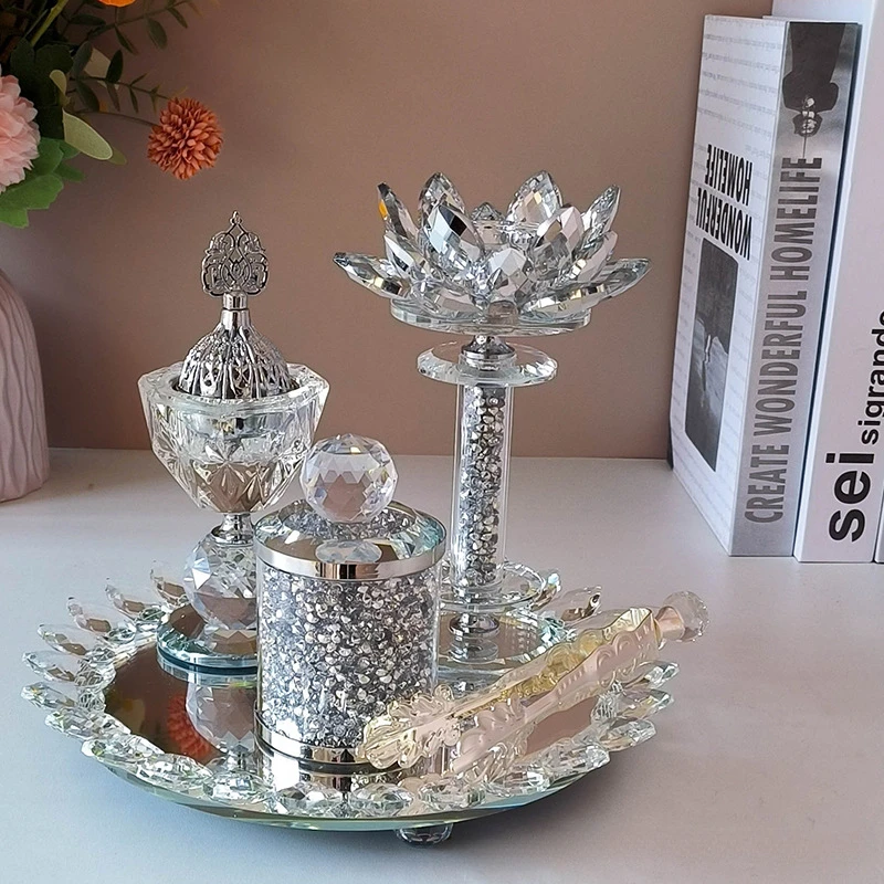 Four Piece Incense Burner Set Bright Diamond Lotus Aromatherapy Stove Set Home Decoration Arabic Crystal Incense Burner