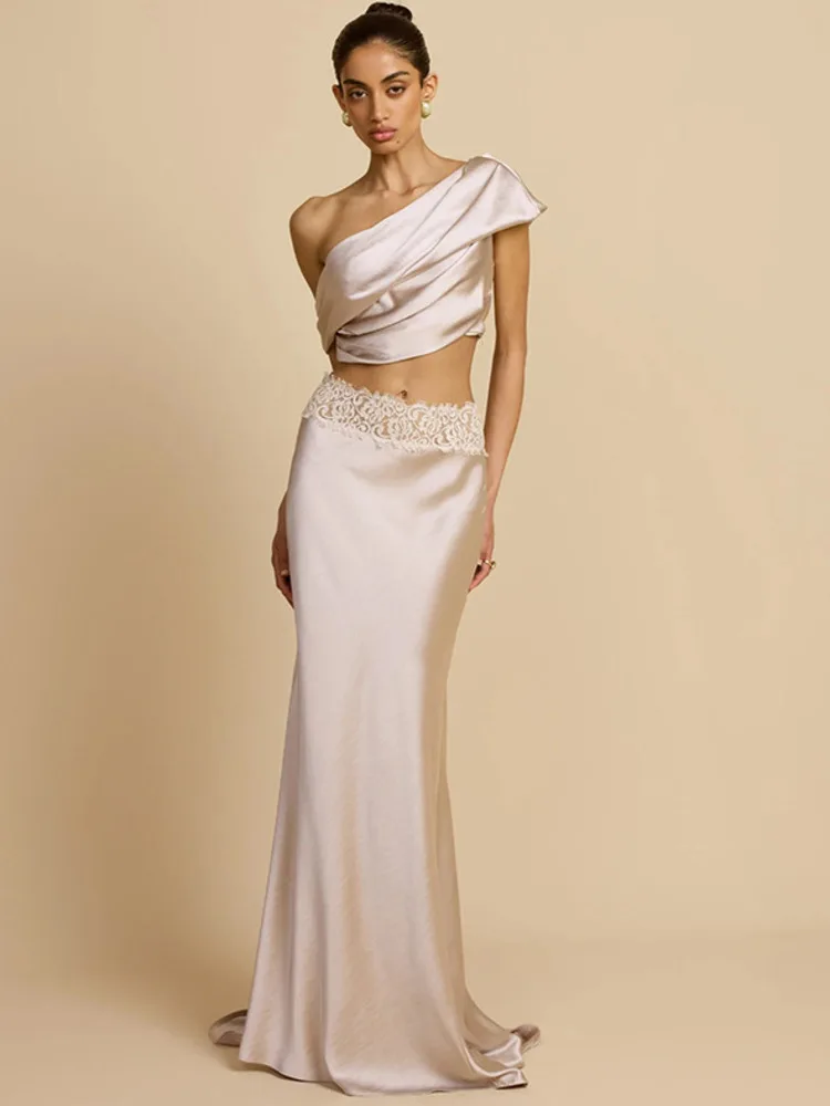 

Sibybo Satin Elegant 2 Piece Skirt Set Women Sexy Inclined Shoulder Ruched Crop Top Lace Patchwork Maxi Skirts Outfits Partywear