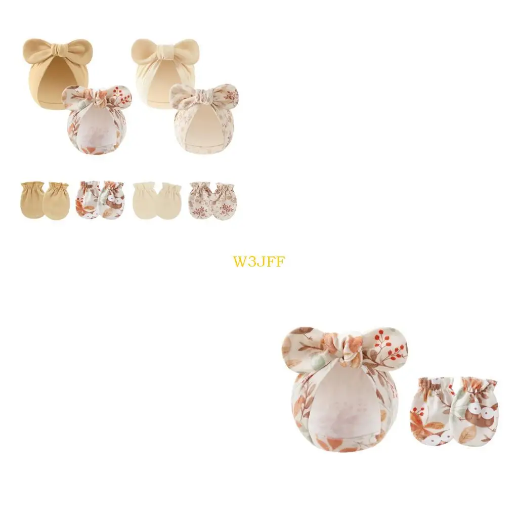 

W3JF 4 SET Neworns Hat с варежками Set Set Soft & Dethastry Cotton Anty Scratches Gloves Bonnet для 0-6 месяцев ребенка
