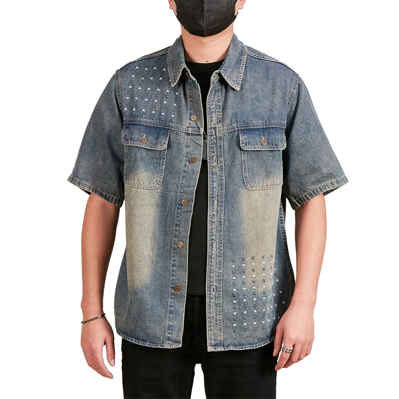 

Men's Vintage Denim Short Sleeve Shirt Summer 2025 Relaxed Fit Embroidered Premium Quality Soft Comfort Youth Fashion Casual