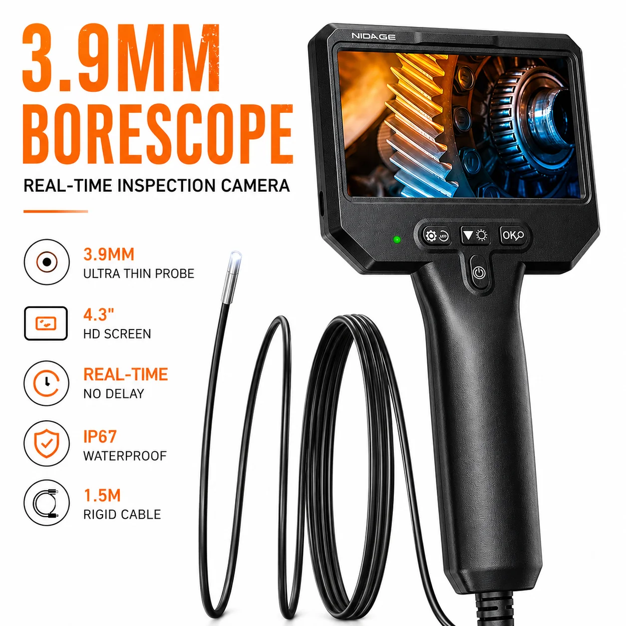 3.9mm Ultra Thin Borescope with Screen for Tight Space Inspection & Precision Repair with 4.3inches  Semi-Rigid Cables