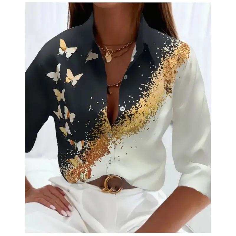 New women's long sleeved shirt with lapel button leopard print butterfly prined personalized and comfortable shirts for women