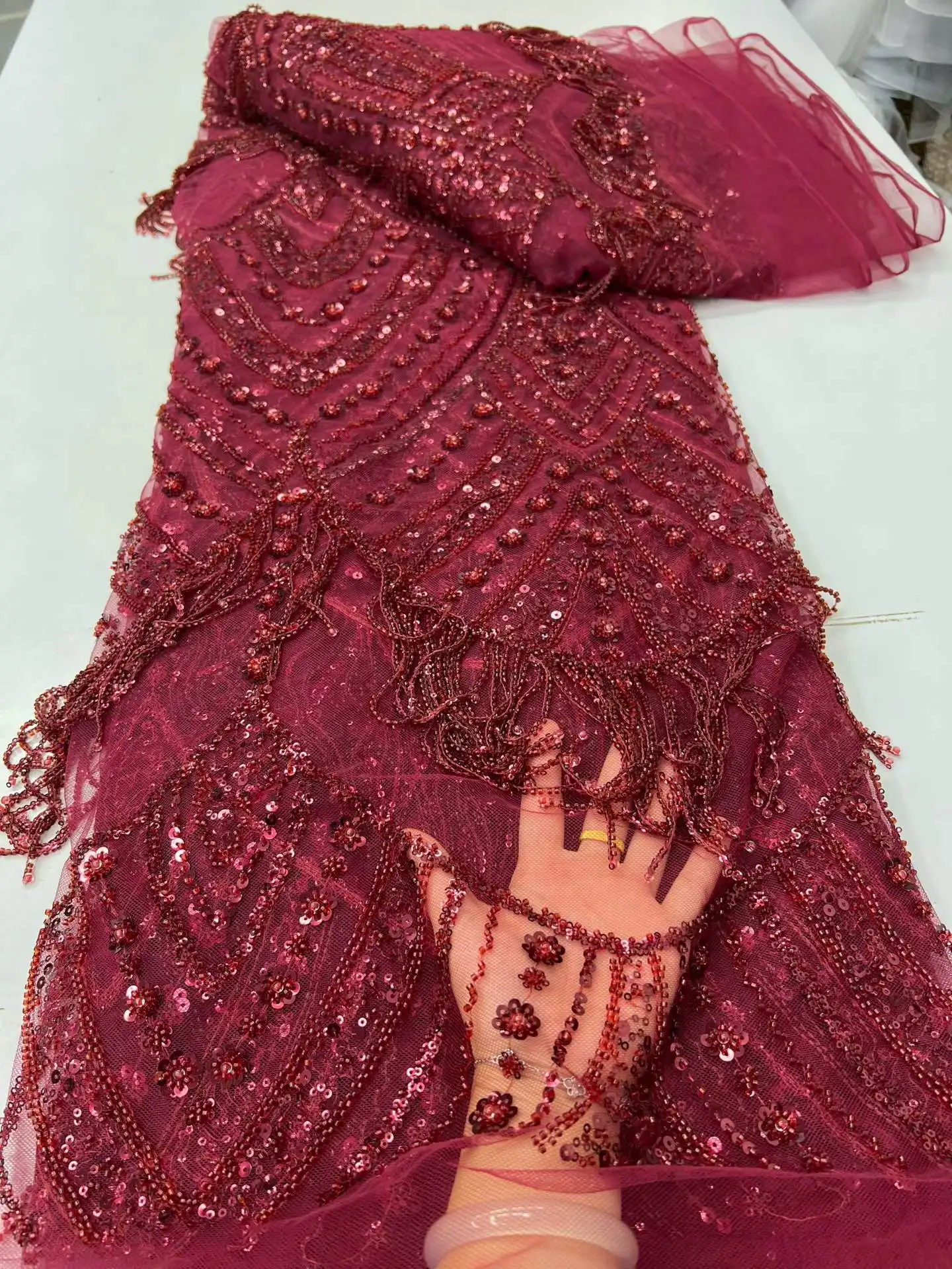 High Quality African 3D Tassels Lace Fabric Heavy Beads Sequins 2026 Embroidery Lace French Mesh Tulle Lace For Wedding Dresses
