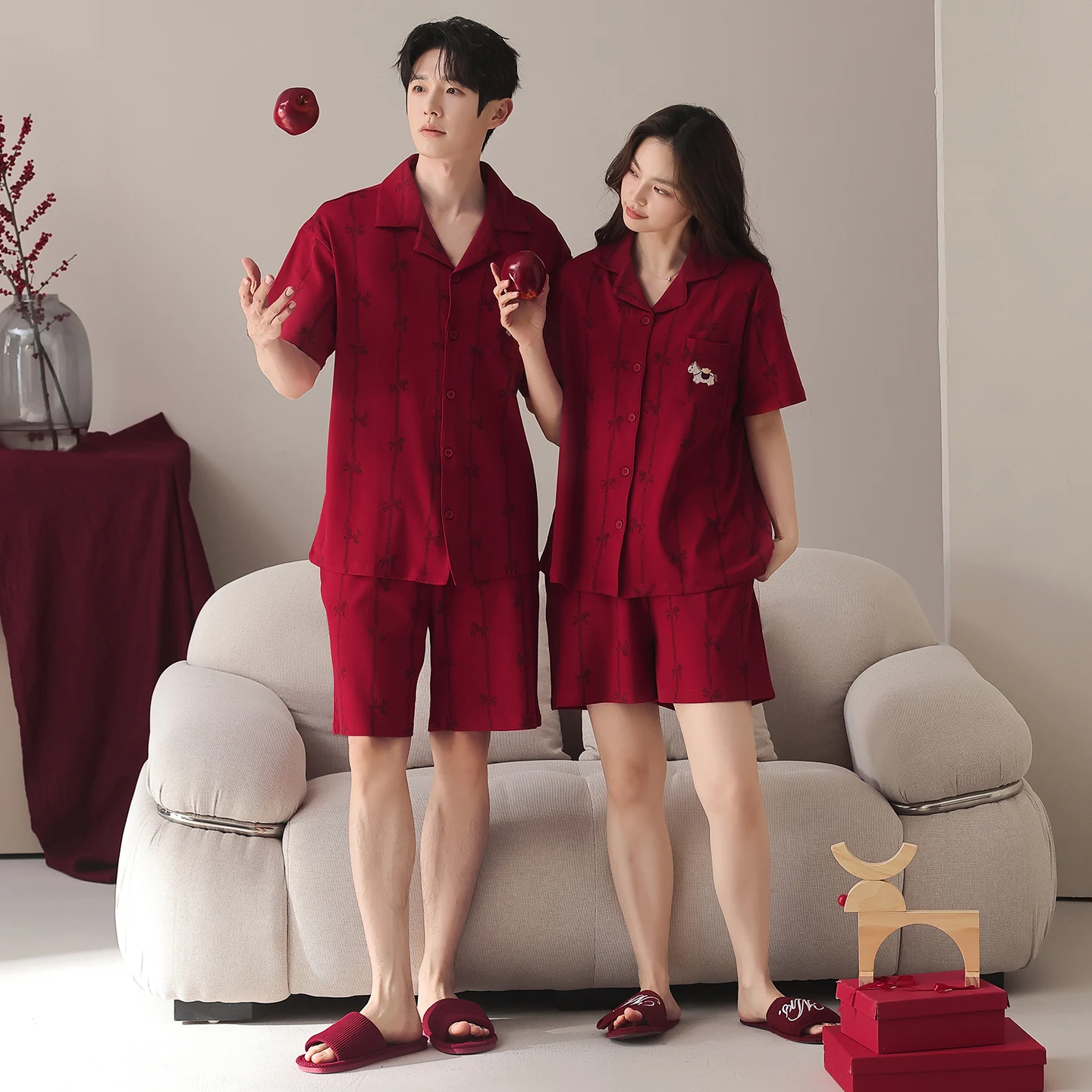 Summer Couple Turn-down Collar Pajamas Set Men Knited Cotton Short Sleeve Pijamas Women Cute Cartoon Sleepwear