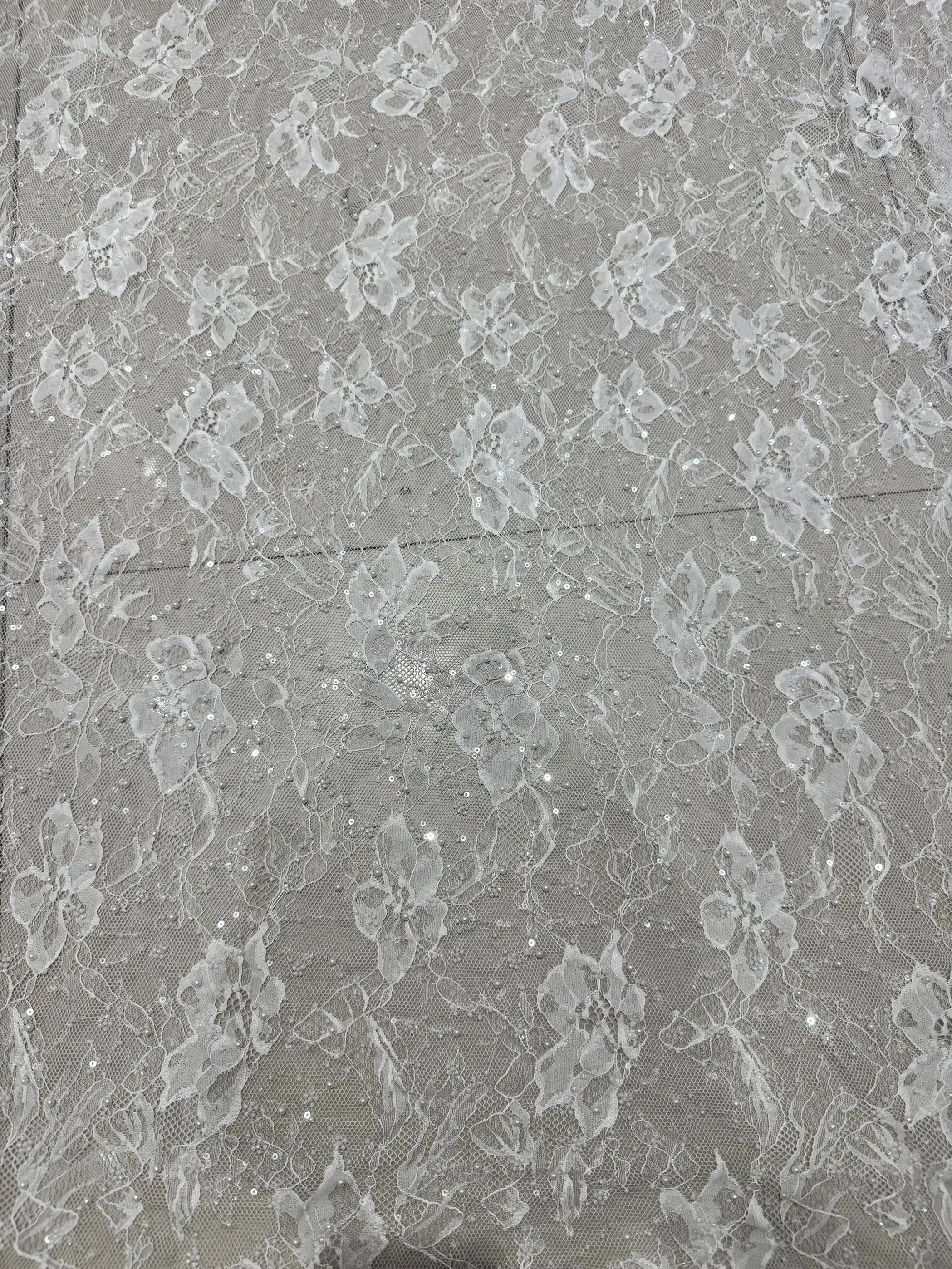 Ivory Material Heavy Embroidered Pearl And Sequin Lace Fabric for Bridal Gown Tulle Lace Beaded Wedding Dress Material