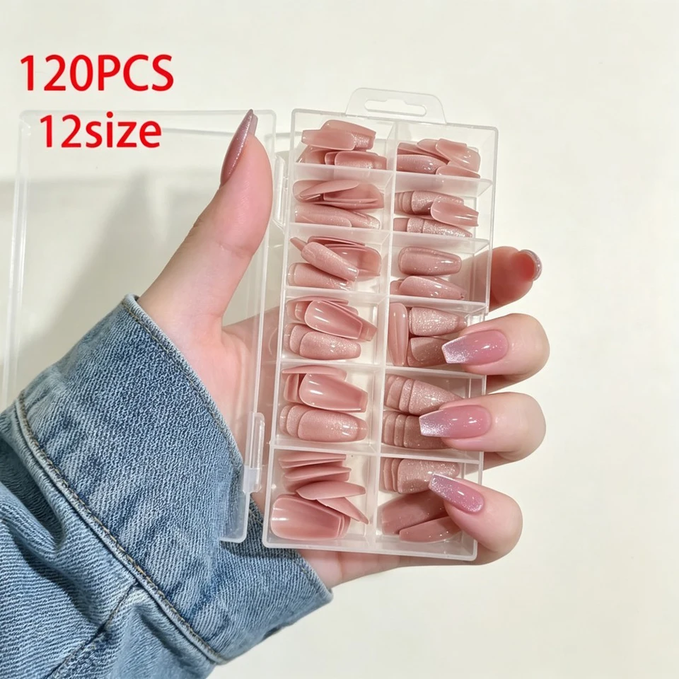 120 uñas postizas nude rosa efecto gato, brillantes, redondas cortas, cobertura completa 5