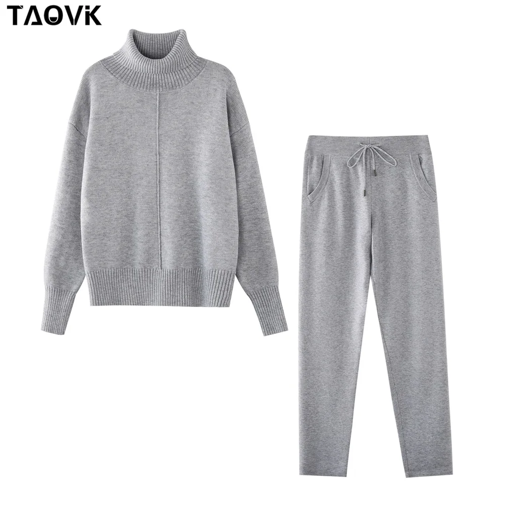 TAOVK Women\'s Woolen Knitted Suit High Collar Sweater + Pants Loose Style Two-piece Set women\'s Knitted Costume tracksuit