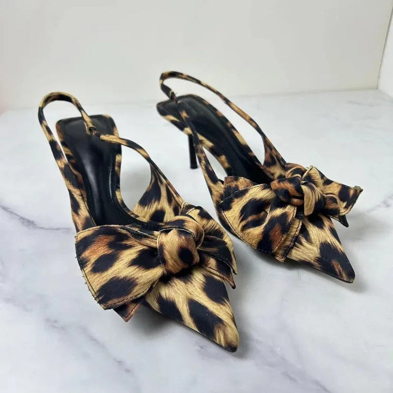 Big Bow Shallow High Heels Sandals for Lady Fashion Pointed Sexy Stiletto Leopard Print Summer Retro Party Luxury Shoes Woman