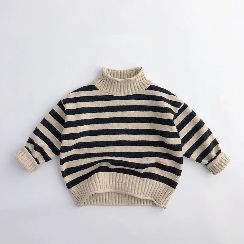 Classic Sweater with Rolled Edge Collar and Striped Pullover Jacket for Children