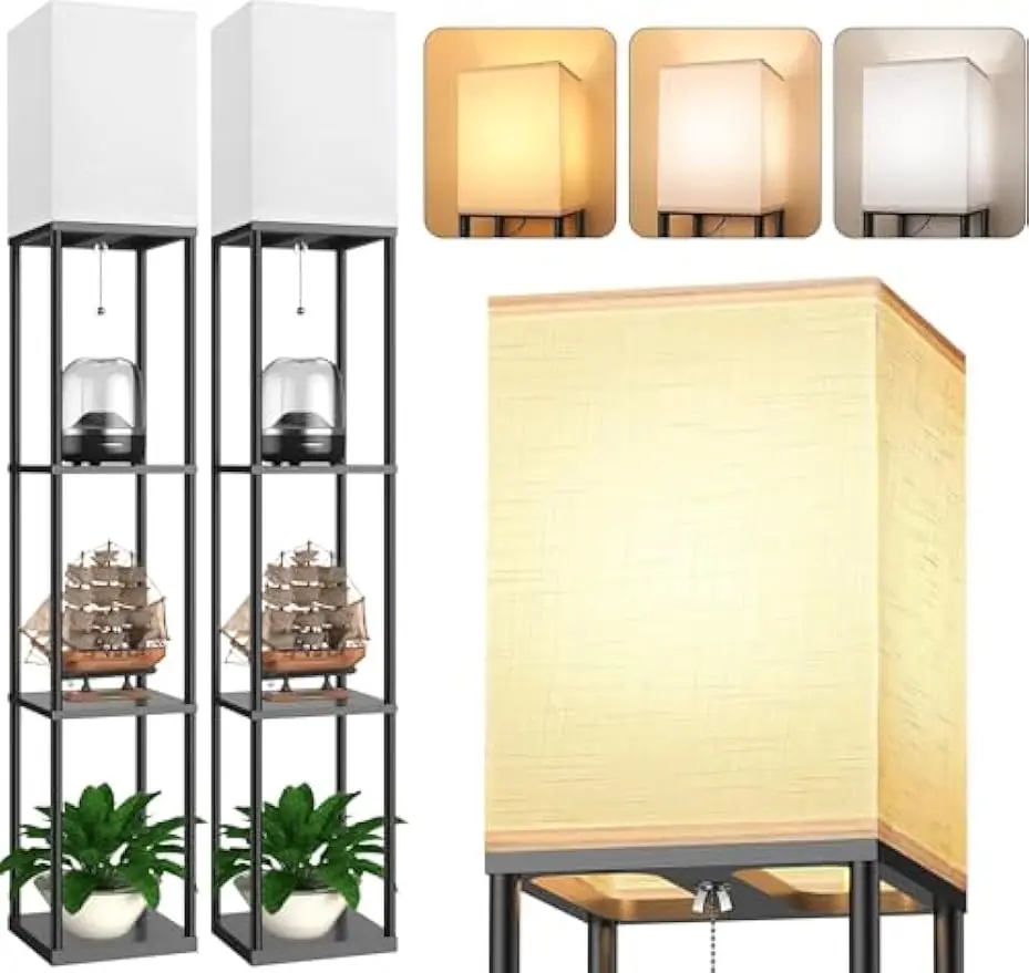 

Floor Lamp with Shelves for Living Room 2 Pack, Shelf Floor Lamp with 3 CCT LED Bulb,Corner Display Standing Column Lamp Etagere