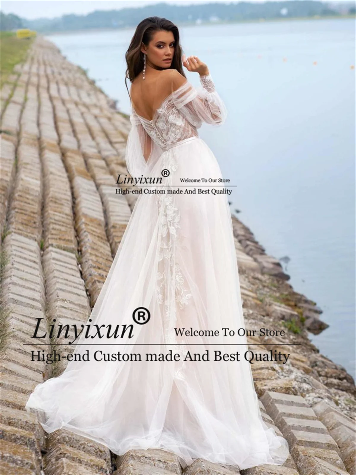 Elegant A-Line ชุดแต่งงาน Sweetheart ปิดไหล่ลูกไม้ Appliques ลูกปัดชุดเจ้าสาว Backless Sweep Train Robe De Mariée