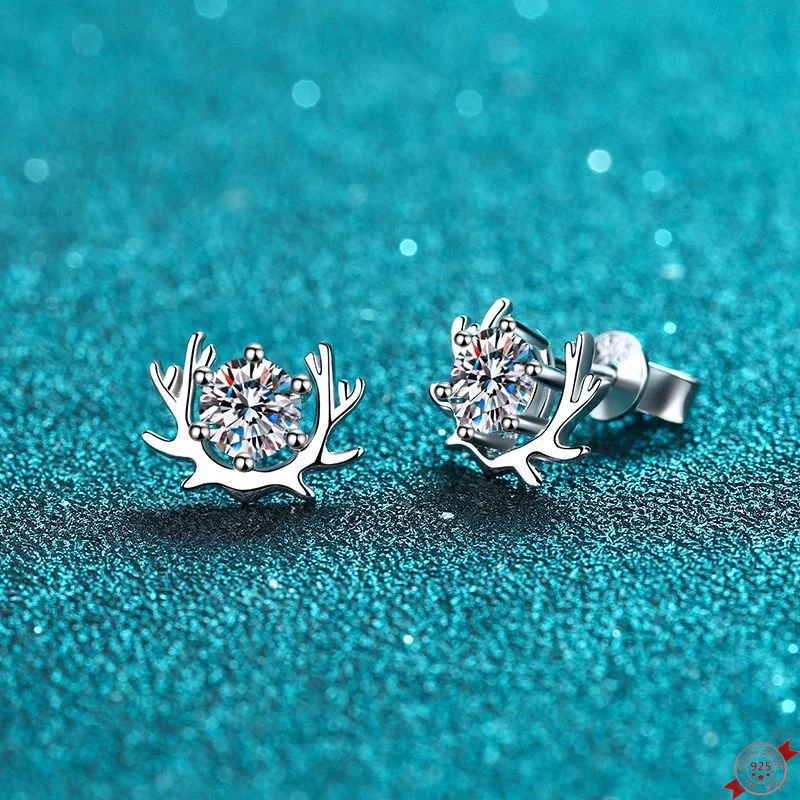 

0.5 and 0.5 ct Moissanite S925 Silver Studs Earrings for Women Plated Pt950 Valentine's Day Gift Antler Ear Studs Wholesale