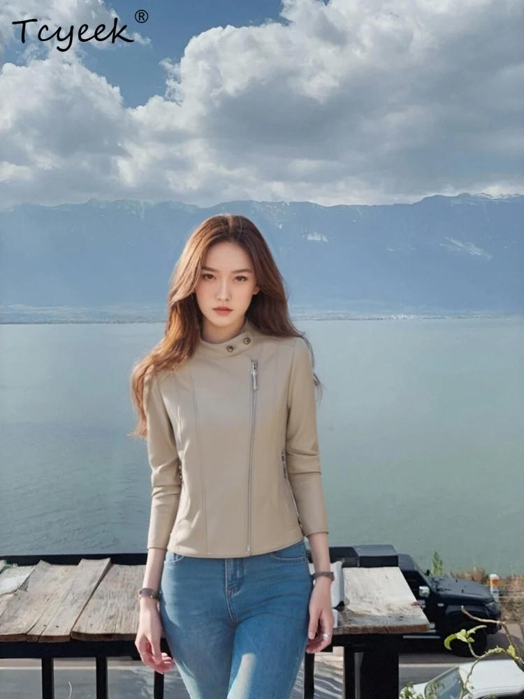 Tcyeek Sheepskin Women Leather Jacket Spring Autumn Stand Up Collar Long Sleeve Light Gray Short Motorcycle Coat Chaqueta Cuero