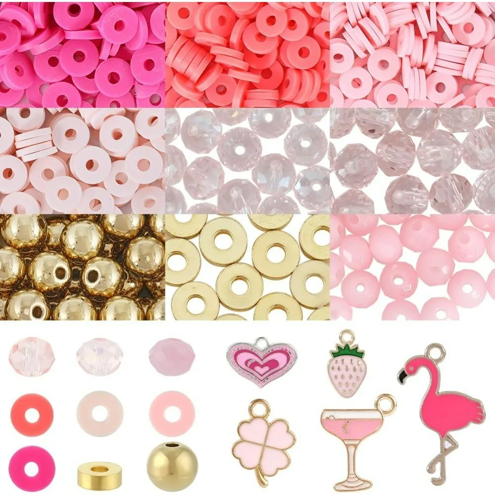 

1 BOX 840+PCS Pink Bracelet Making Kit Valentines Beads Kit Enamel Heart Flamingo Charms 6mm Round Flat Disc Spacer Loose