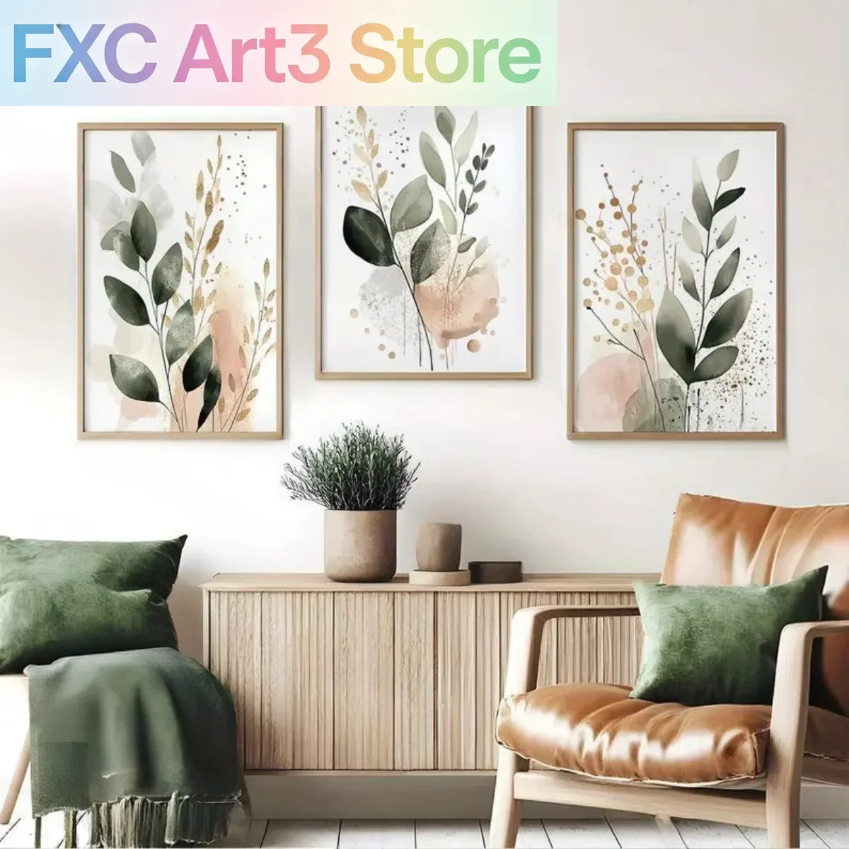 3-teiliges Set rahmenlose Leinwandbilder, Bohe Plant Abstrakte Leinwanddrucke Poster Moderne minimalistische botanische Kunstdrucke Wohnzimmer Wandkunst