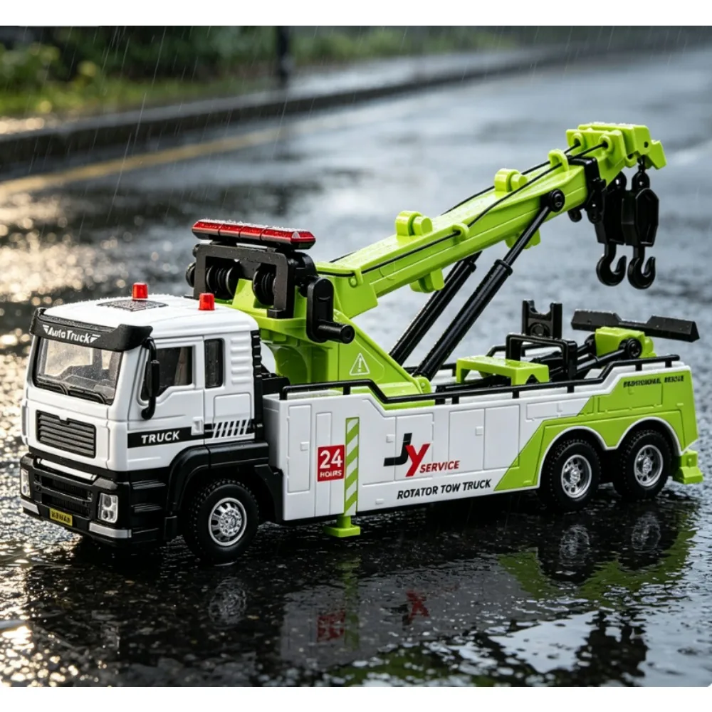 

1:50 Scale Alloy Rescue Crane Model, Double Hook Engineering Truck with Light Sound Pull Back Kids Toy Gift