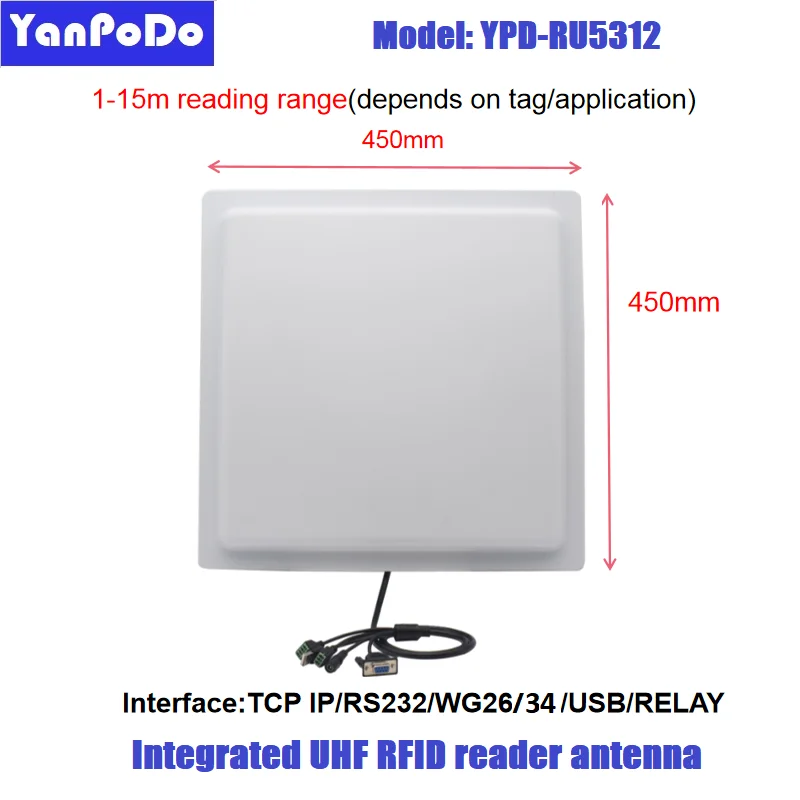 Yanpodo 15m long range uhf rfid reader usb RS232 WG26/34 relay interface built-in 12dbi gain antenna free SDK for car parking