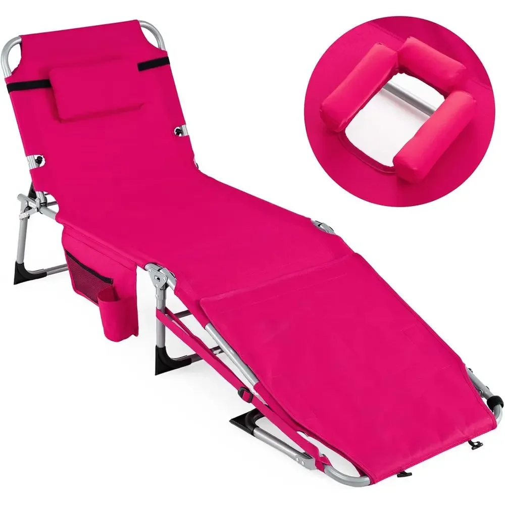 Pink Adjustable Sun Lounge Chair with Armrest, Side Pocket, and Lap Cover for Outdoor Use