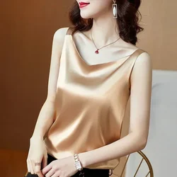 Summer Luxury Sexy Silk Tank Top Women Harajuku T Shirt Women Sleeveless Fashion T-shirt Woman Tee Tops Casual Female