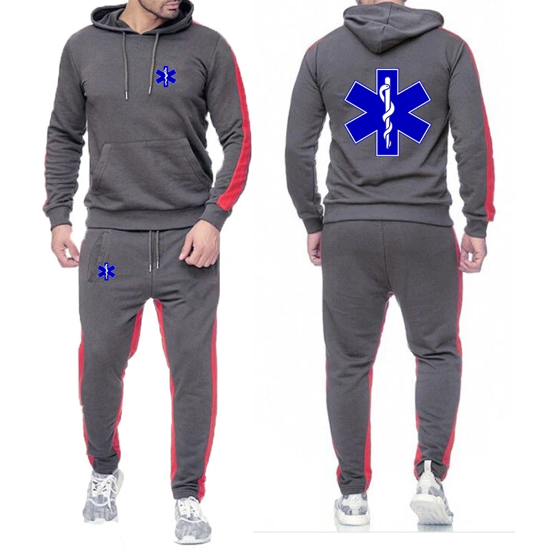 2025 Spring Autumn EMT Emergency Ambulance Print Men's Comfortable Cotton Hooded Hoodies+Drawstring Sweatpants Solid Color Sets