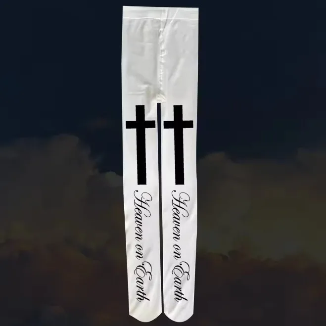 Y2K Gothic Cross Heaven On Earth Letter Print White Tights Women Retro Spice Girl JK Stretch Ins Street Cool Pantyhose Stockings