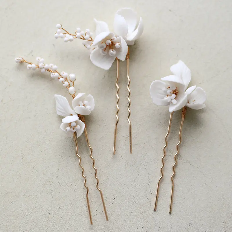 Bridal Headwear Accessories Handmade Ceramic Flower Hairpin Beaded Hairpin Beaded Tiara Simple Party Jewelry For Women