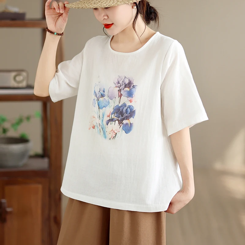 

Summer 2026 New plus Size Women's Cotton Linen Short Sleeve T-Shirt Print Top Belly Covering Base Shirt Commute Style Floral ...