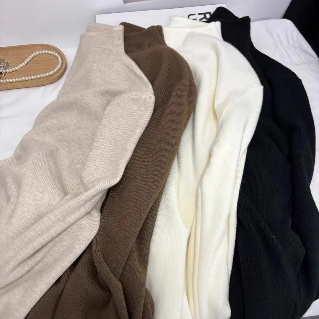 니트웨어 신상 모크넥 니트 스웨터 여성 풀오버 패션 화이트 긴팔 니트 스웨터 풀오버 여성 탑스 스웨터 Q793