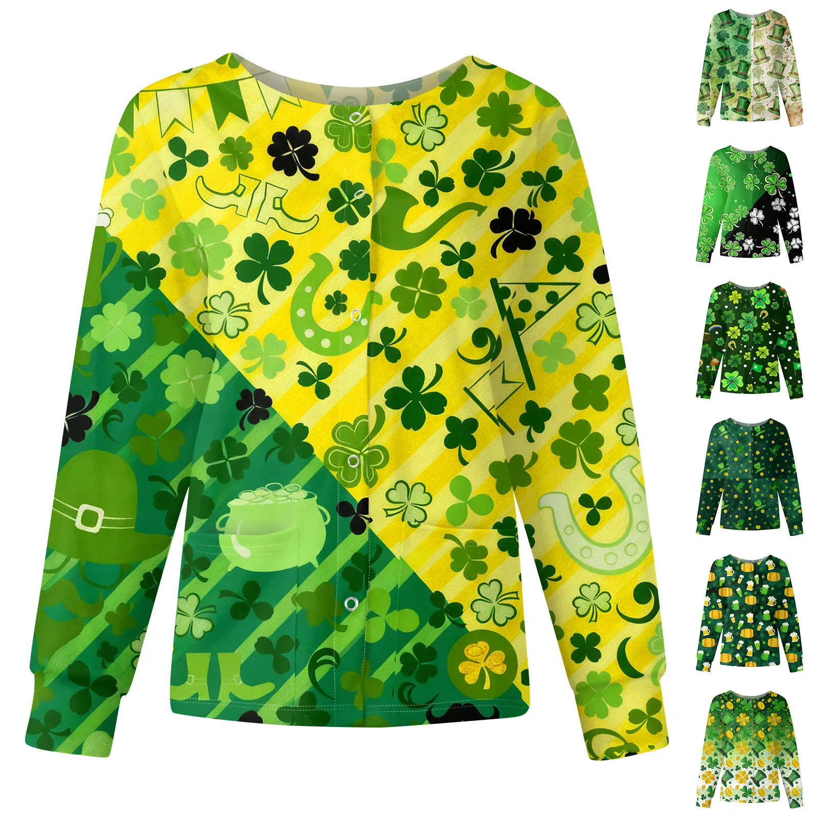 Ladies' Casual Fashion Long Sleeve Single Breasted St. Patrick's Day Print Workwear Jacket Tops Dental Hospital Clinic Uniforms