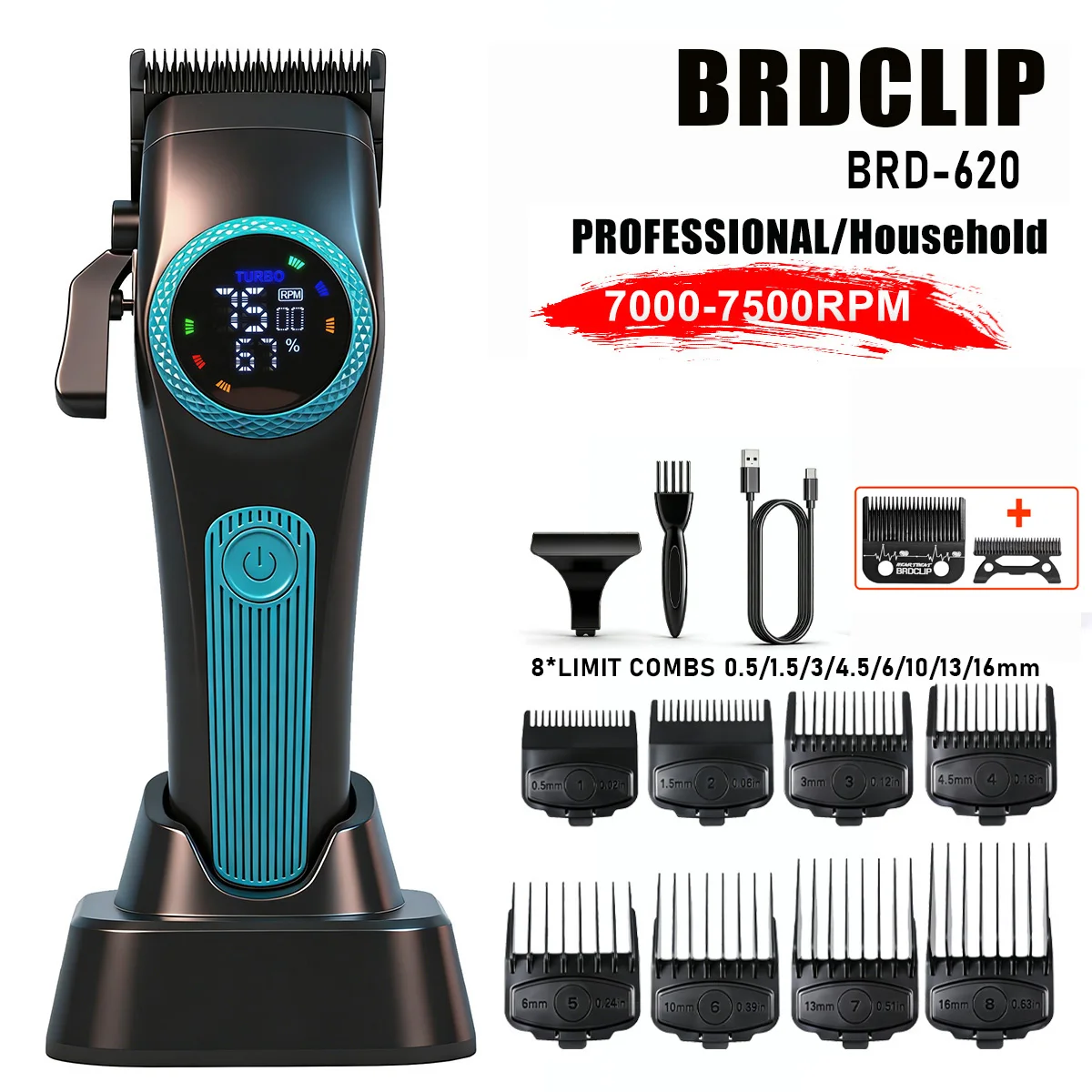 

BRDCLIP 620 Professional Barber Hair Clipper 2-Speed 7500RPM DLC Blades with Base Charger LCD Display Haircut Machine Salon Use