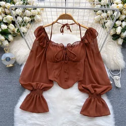 Flare Sleeve Women Tops Ruffle Solid Elastic Waist Halter Backless Chiffon Slim Ladies Harajuku Sexy Short Blouse