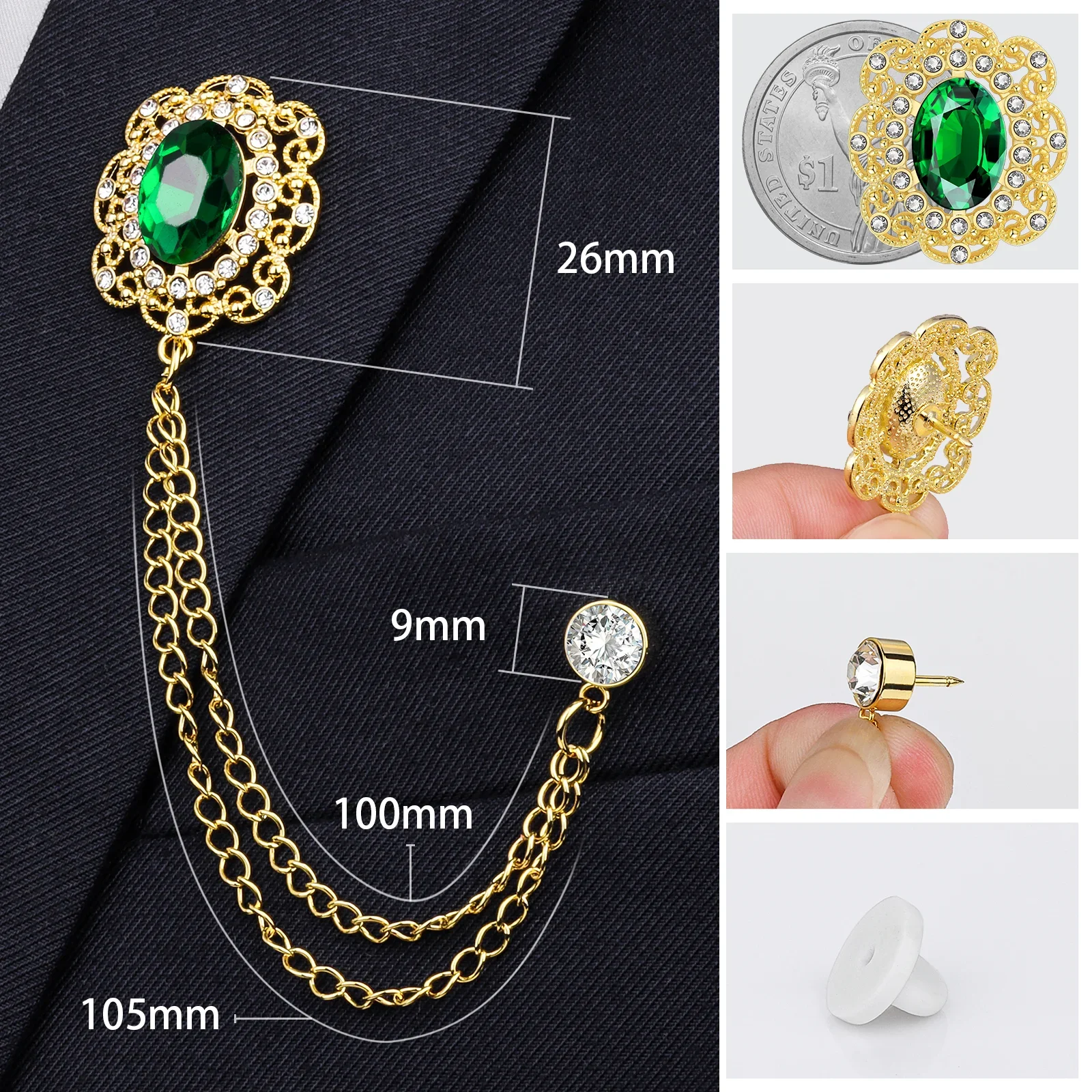 3 Pcs Men's Lapel Brooch Set with Chain Crystal for Suit Wedding Groom Business Gifts for Father