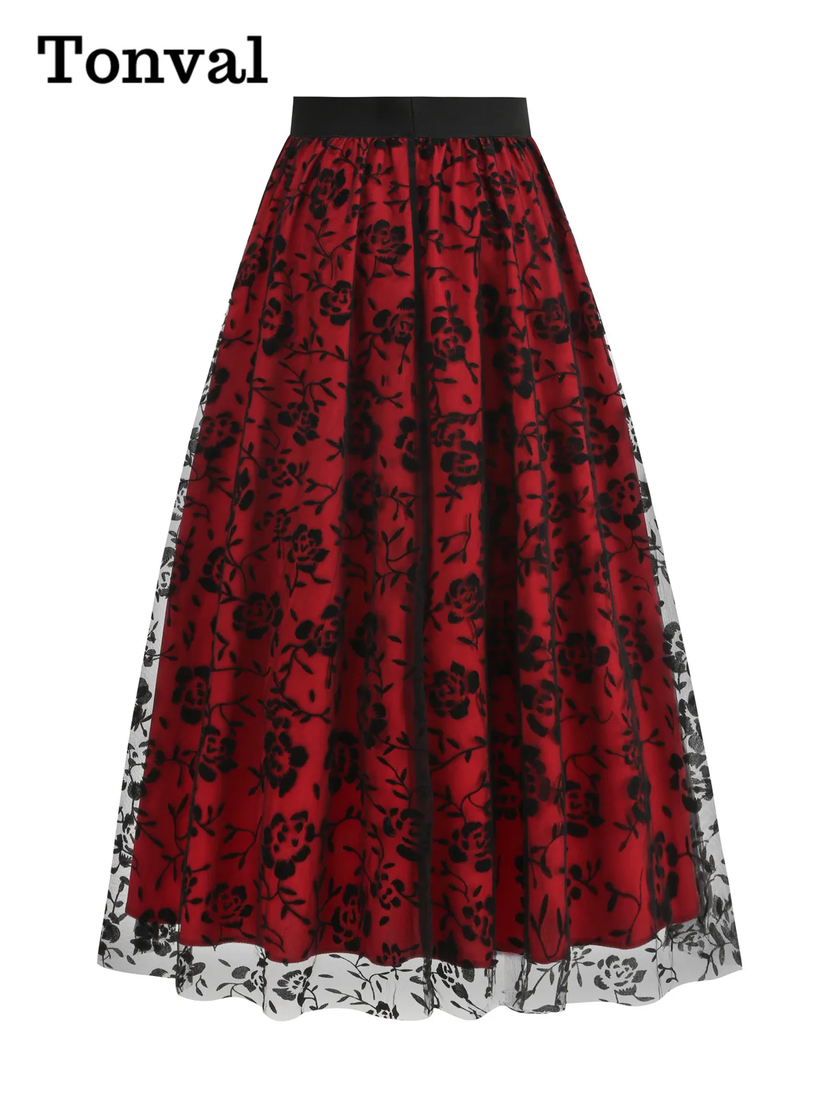 Tonval Vintage Floral Flocking Mesh Overlay Elastic Waist Long Skirts for Women Halloween Party Elegant Pleated Skirt