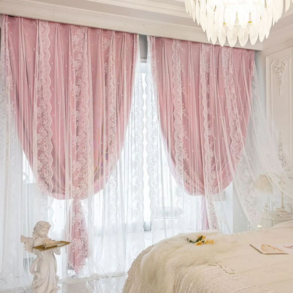 Pink Double Layer Floral Lace Pin Hook Curtains, Sheer Drapes for Sweet French Bedroom Decor