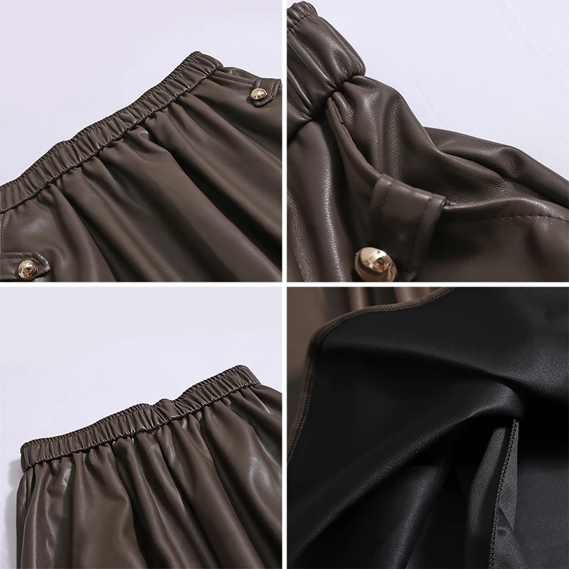 Women Fashion PU Leather Skirt Vintage Pocket High Waist Mid-Length Skirt Solid Loose A-line Skirt Streetwear Autumn/Winter TRAF